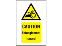 Caution Entanglement hazard symbol and text safety sign.