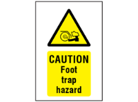 Caution Foot trap hazard symbol and text safety sign.