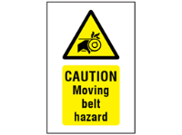 Caution Moving belt hazard symbol and text safety sign.