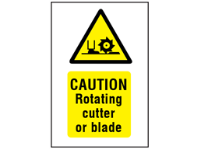 Caution Rotating cutter or blade symbol and text safety sign.