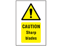 Caution Sharp blades symbol and text safety sign.