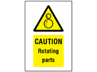 Caution Rotating parts symbol and text safety sign.