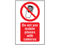 Do not use mobile phones with cameras symbol and text safety sign.