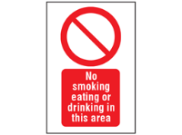 No smoking, eating or drinking in this area symbol and text safety sign.