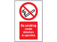 No smoking, smoke detectors in operation symbol and text safety sign.