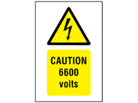 Caution 6600 volts symbol and text safety sign.