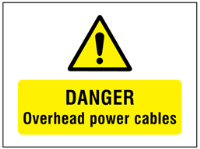 Danger Overhead power cables symbol and text safety sign.