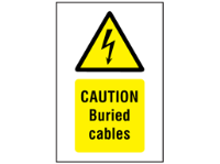 Caution Buried cables symbol and text safety sign.
