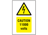 Caution 11000 volts symbol and text safety sign.