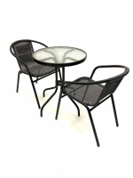 Black Steel Garden Set  - Round Glass Table & 2 Rattan Chairs