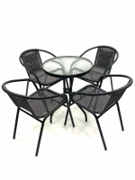 Black Steel Garden Set - Round Glass Table & 4 Rattan Chairs