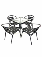 Black Garden Set - Square Glass Table & 4 Black Steel Chairs