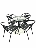 Black Garden Set - Round Glass Table & 4 Black Steel Chairs
