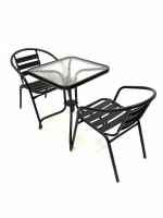 Black Garden Set - Square Glass Table & 2 Black Steel Chairs