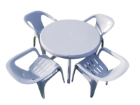 Suppliers of Round White Plastic Garden Table & 4 Plastic Slatted Chairs Set