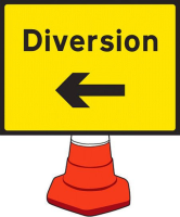 Diversion left cone sign 600x450mm