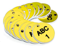 38mm Engraved Valve Tags - 50 sequential numbers with prefix - (eg. 1-50) Black text on yellow
