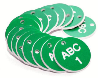 38mm Engraved Valve Tags - 50 sequential numbers with prefix - (eg. 1-50) White text on green