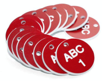 38mm Engraved Valve Tags - 50 sequential numbers with prefix - (eg. 1-50) White text on red