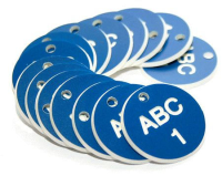 38mm Engraved Valve Tags - 50 sequential numbers with prefix - (eg. 1-50) White text on blue