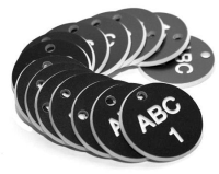 38mm Engraved Valve Tags - 50 sequential numbers with prefix - (eg. 1-50) White text on black