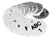 27mm Engraved Valve Tags - 50 sequential numbers with prefix - (eg. 1-50) Black text on white