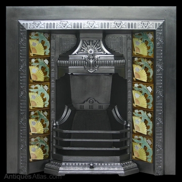 Antique Edwardain Cast Iron And Tiled Fireplace
