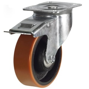 Top Plate Swivel Brake Castor Cast Iron Centre Polyurethane Wheel