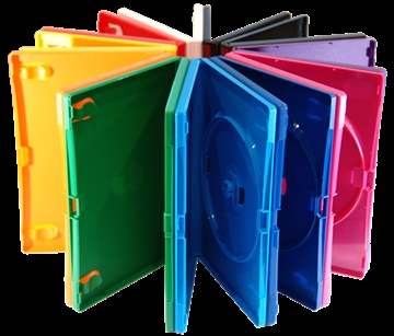 DVDs in standard size coloured DVD cases