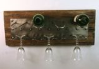 Wall mounted four bottle wine rack and glass holder