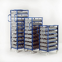 Blue Mobile Tray Racks with 6, 8 or 10 Shallow Trays