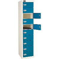 Media Device Storage/Charging Lockers with 8, 10 or 15 Compartments