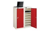 1 Door - 8 Shelf Media Charging low locker - FLAT TOP - White Body / Red Doors - H1000 x W380 x D525 mm - CAM Lock