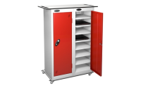 1 Door - 10 Shelf Tablet Charging locker - FLAT TOP - White Body / Red Doors - H1780 x W305 x D370 mm - CAM Lock