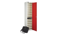 1 Door - 8 Shelf Media Storage low locker - FLAT TOP - White Body / Red Doors - H1000 x W380 x D460mm - CAM Lock