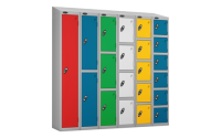 4 Door - Full height steel locker - SLOPING TOP - Silver Grey Body / Red Doors - H1930 x W305 x D305 mm - CAM Lock