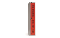 1 Door - Full height steel locker - FLAT TOP - PERFORATED DOORS - Silver Grey Body / Red Doors - H1780 x W305 x D305 mm - CAM Lock