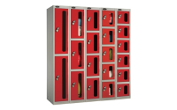 2 Door - Vision Panel door steel locker - SLOPING TOP - Silver Grey Body / Red Doors - H1930 x W305 x D305 mm - CAM Lock