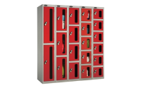 3 Door - Vision Panel door steel locker - FLAT TOP - Silver Grey Body / Red Doors - H1780 x W305 x D460 mm - CAM Lock