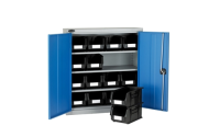 Half Height Steel Cabinet with Black/Blue Linbins - H1015mm x W915mm x D460mm - Blue Doors - 3 Shelves - with 16 x size 7 Linbins