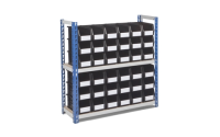 Half Height Budget Shelving with Recycled Linbins - H915mm x W900mm x D300mm - 2 Chipboard Shelves - Blue Uprights - with 30 x Size 5 Black Linbins