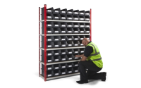 Standard Duty Shelving with Linbins - H1980mm x W1500mm x D450mm - 5 Shelves - Red Uprights - with 70 x Size 7 Grey Linbins