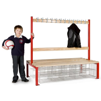 Primary School Double Island Seating with Compartments & Hooks - Red - 1200 x 1370 x 760 - 18 Hooks - 16 Compartment