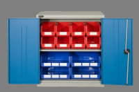 Bin Storage for Small Parts in Metal Cabinet