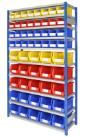 Small Parts Mixed size storage bins on shelves
