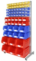 Small parts storage containers on double sided rack