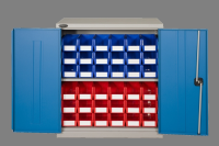 Storage Bins in Lockable Metal Cabinet