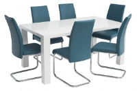 Hannah 6 Seater White High Gloss Dining Table With 6 Teal Blue Chairs