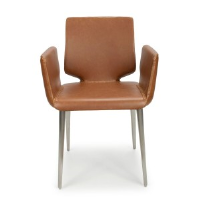 Kaylani Antiqued Tan Brown Leather Dining Chair With Brushed Steel Legs
