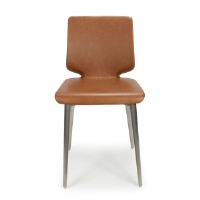 Kaylani Armless Antiqued Tan Brown Leather Dining Chair With Brushed Steel Legs
